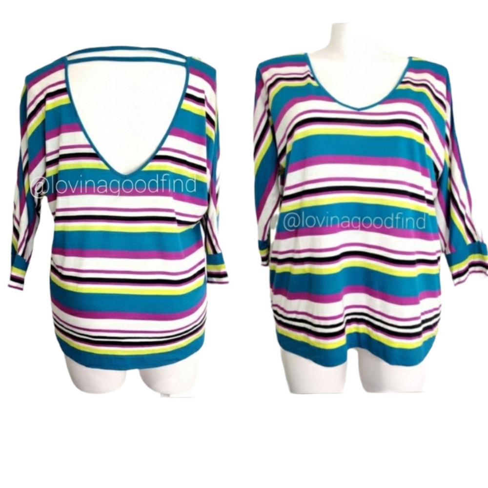 TORRID Striped 3/4 Sleeve Caged Open Back Blouse EUC sz 2